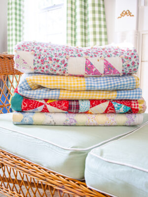 Stack of handmade quilts