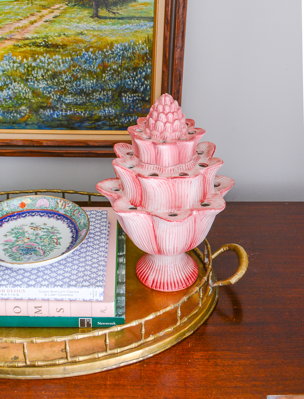 large pink tulipiere in the shape of an artichoke from Abigails