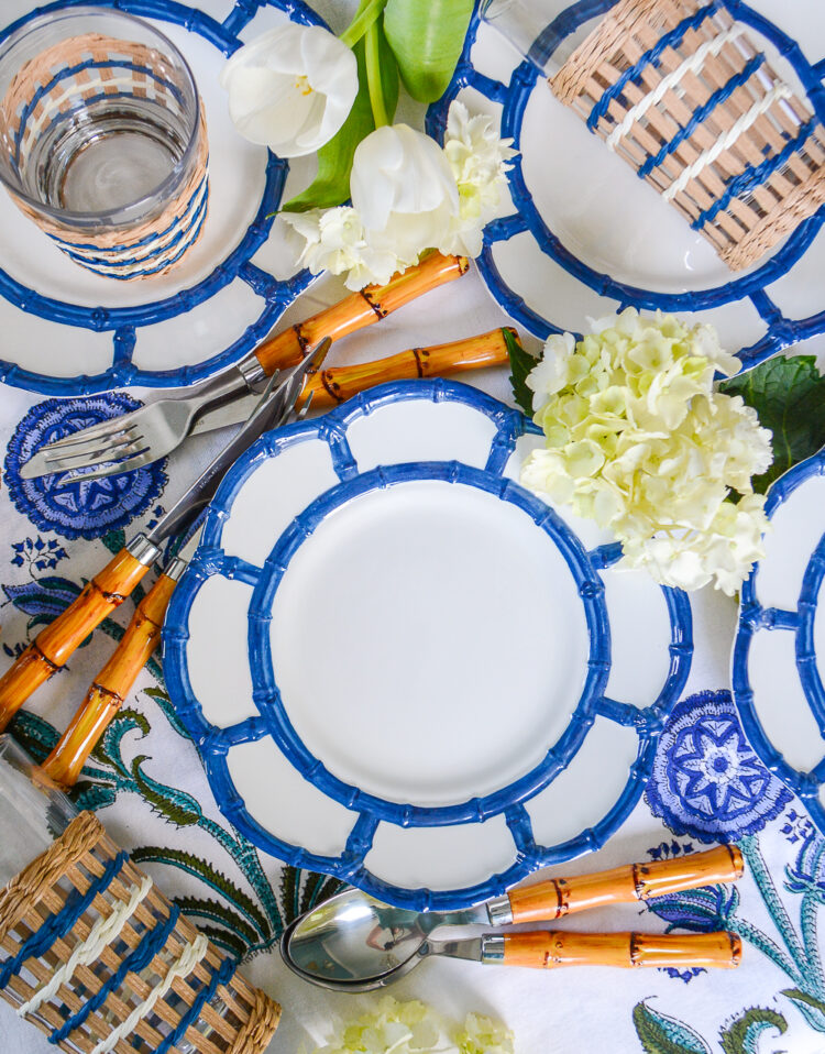 Two's Company melamine bamboo plates in blue and white