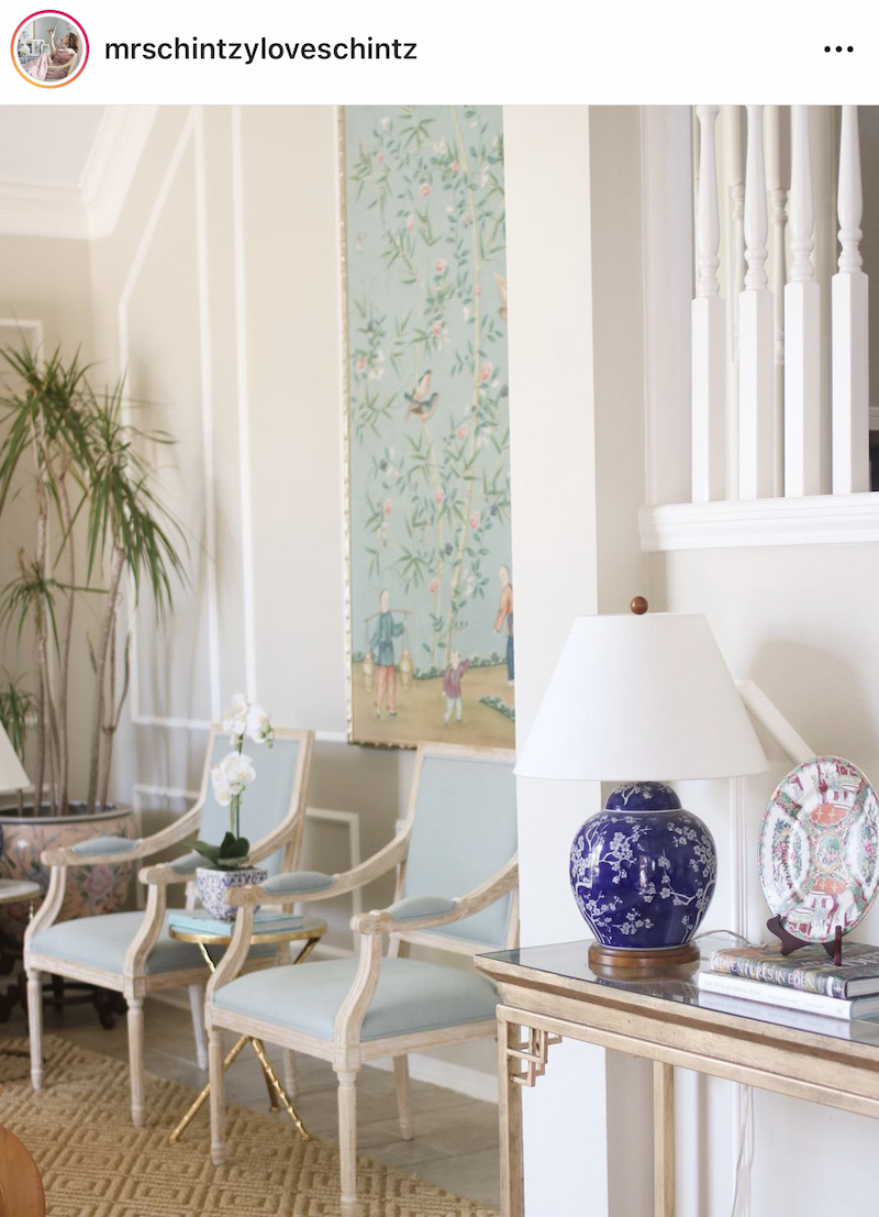Chinoiserie grandmillennial style living room from Mrs. Chintzy Loves Chintz showing walls in natural wicker