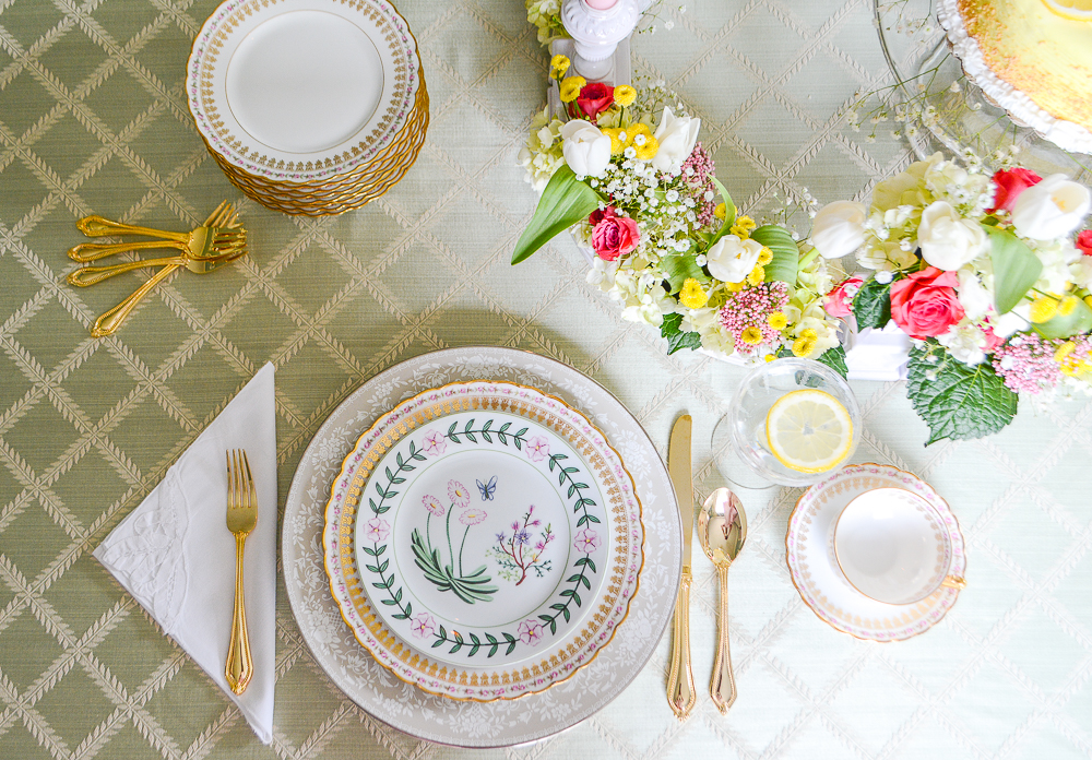 top view of place setting on Regency inspired wedding shower tablescape