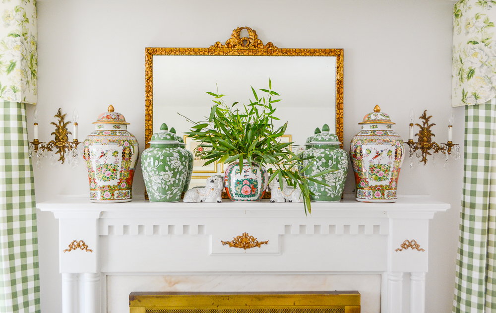 Summer mantel with temple and ginger jars in pink and green