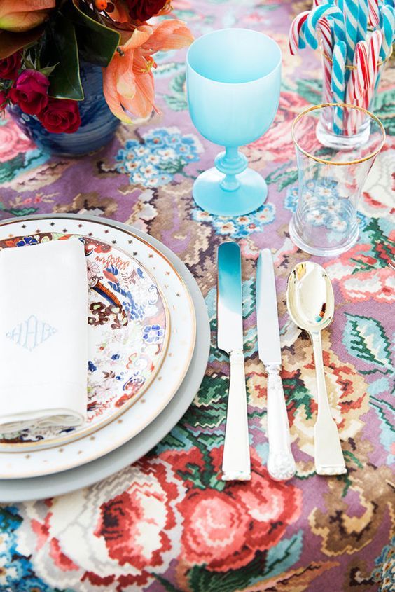 Place setting with aqua opaline glass goblet