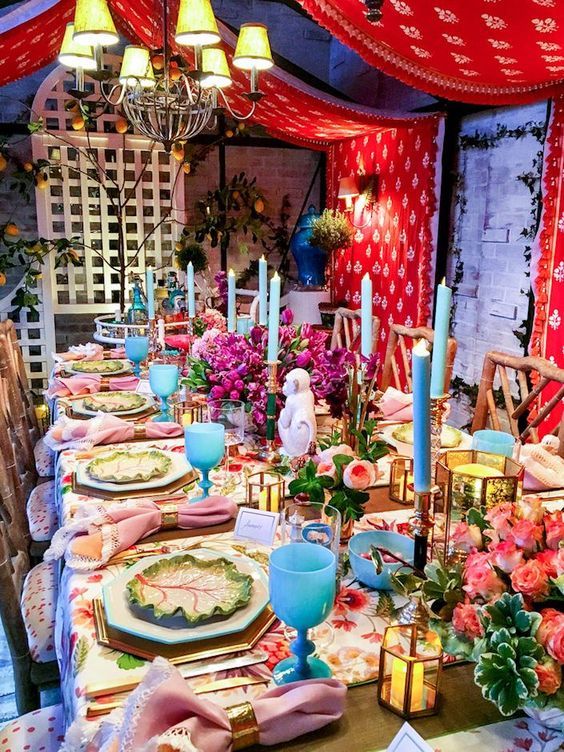 Maximalist tablescape with aqua opaline goblets