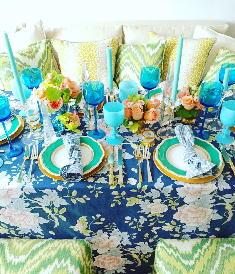 Blue and green tablescape with Portieaux Vallerysthal goblets