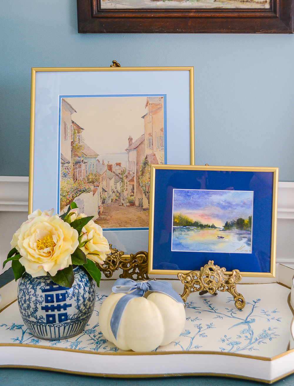 Watercolor landscapes framed in gold Hanover frames from Frame It Easy for a traditional but simple look