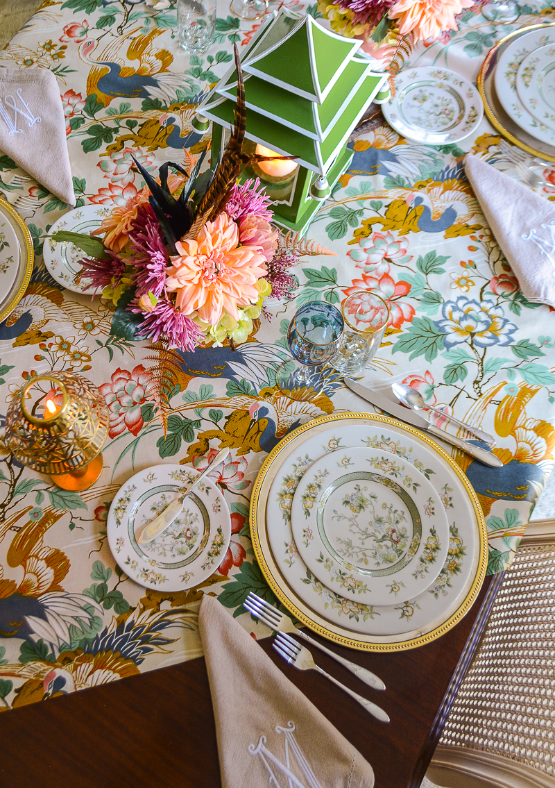 Top view of a Chinoiserie themed table perfect for autumn entertaining