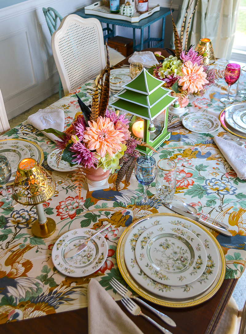 Fall centerpiece idea with green pagoda lantern