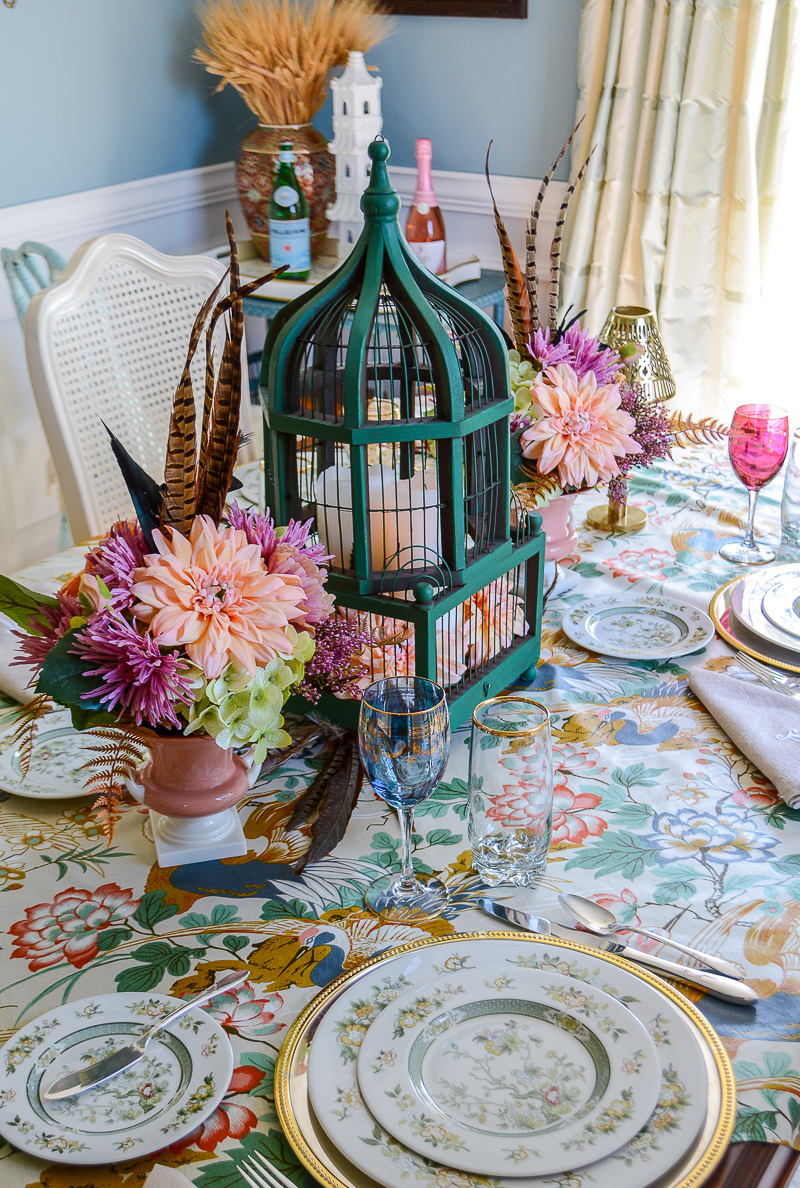 Fall centerpiece idea with vintage green birdcage
