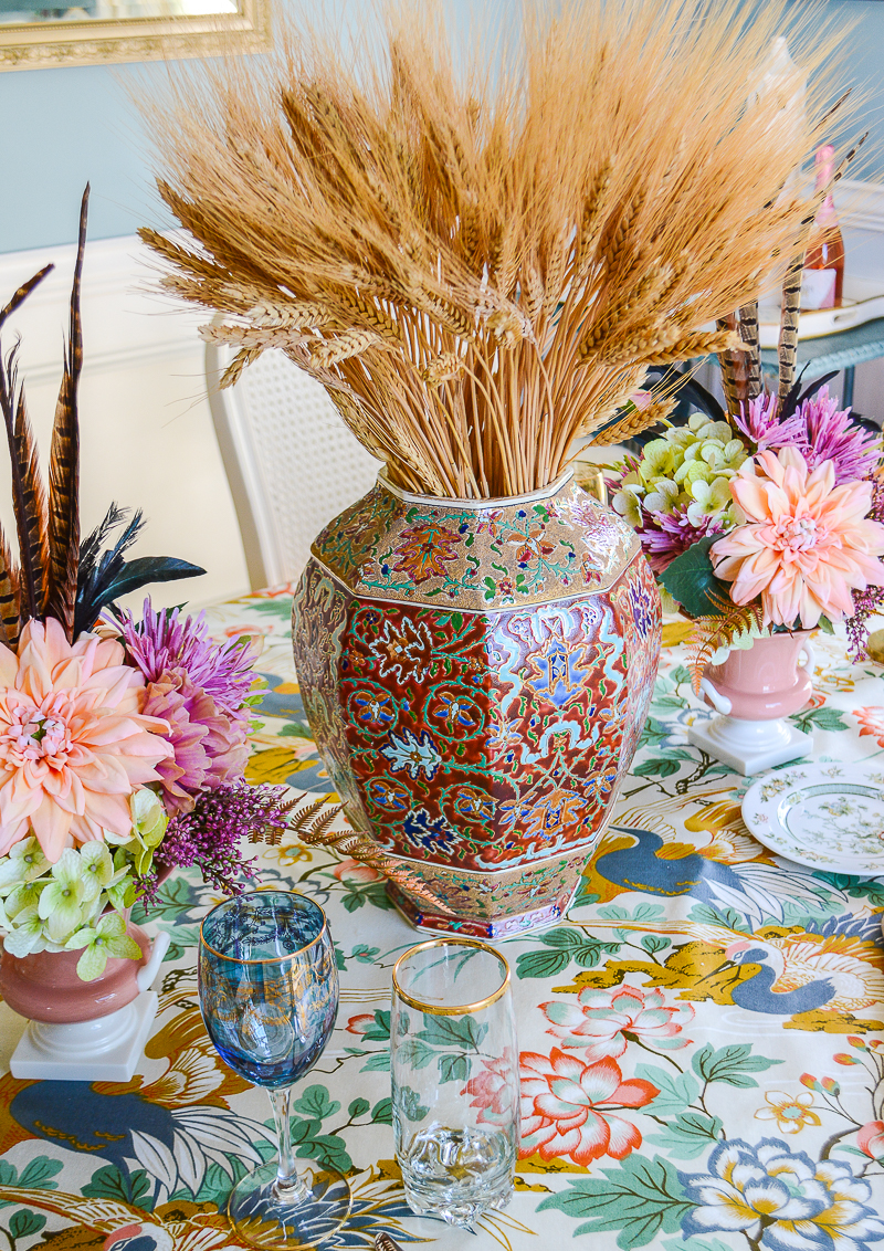 Fall centerpiece idea with wheat bundle in pretty jar