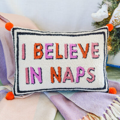 Shop this quirky "I believe in naps" wool hook pillow on Curio Collected from Pender & Peony