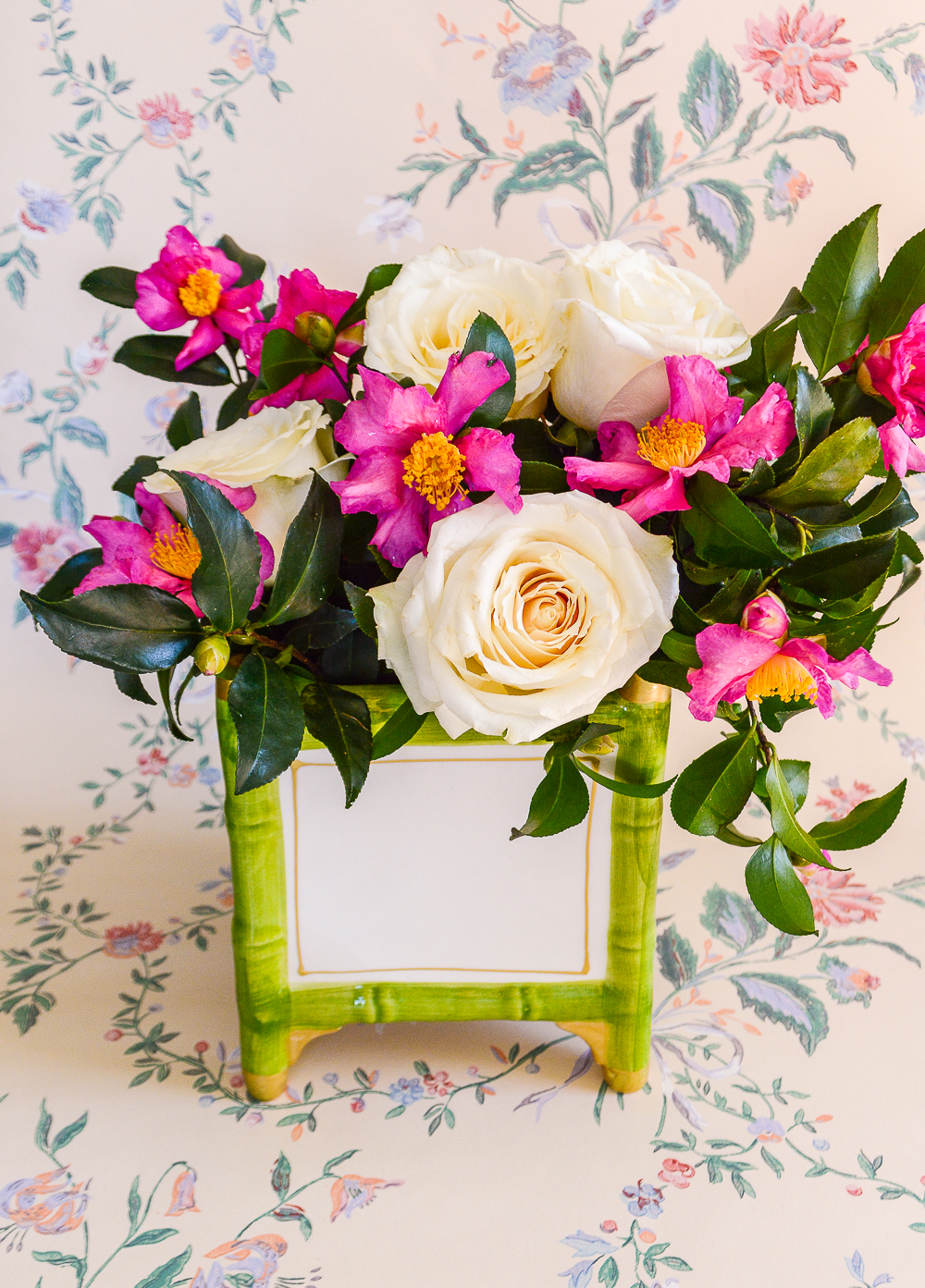 Green and white bamboo ceramic cachepot