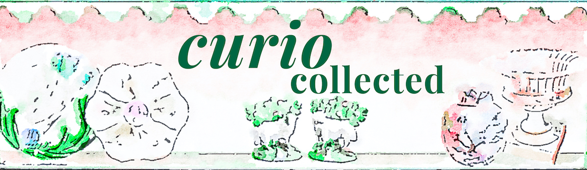 Curio Collected - Vintage and Antiques shop from Pender & Peony title agains watercolor shelves of curios