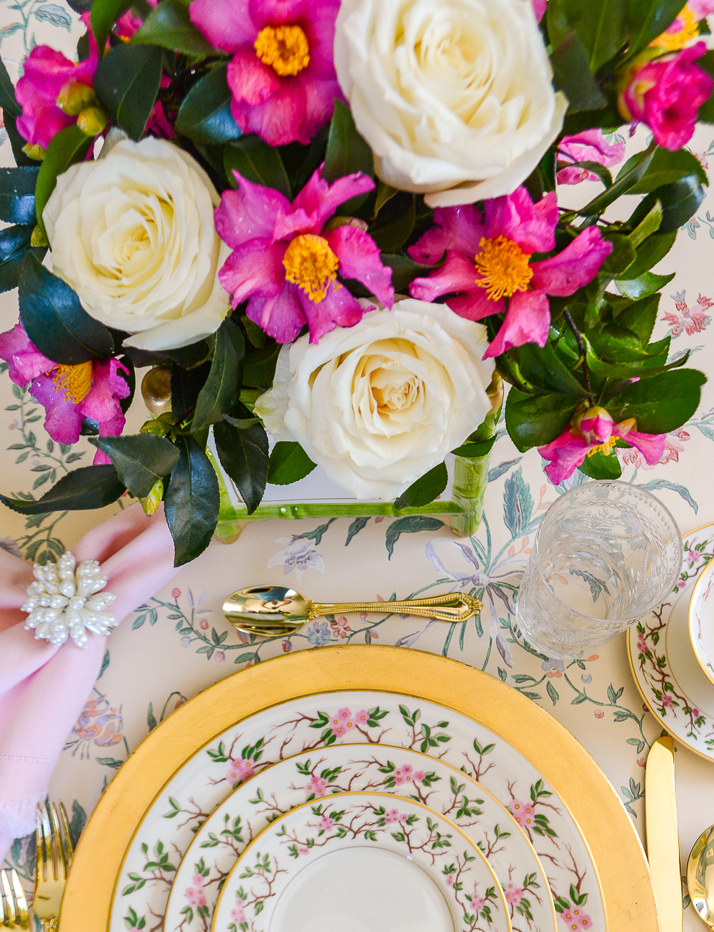 detail view of the rose and pink camellia centerpiece 