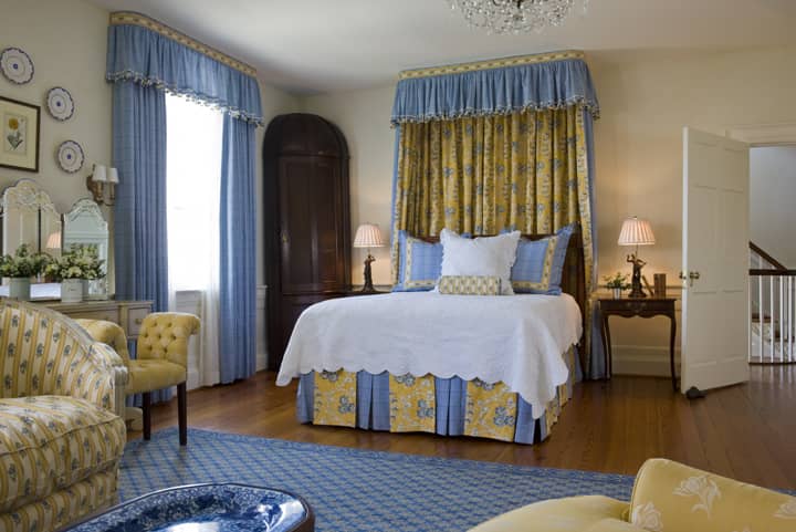 blue and yellow bedroom with French country vibes