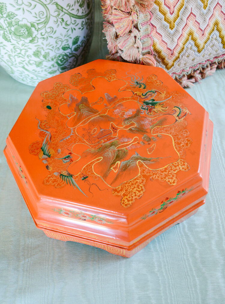 Shop this gorgeous orange Chinese sweetmeat box with dragon design on Curio Collected from Pender & Peony. Perfect for the Chinoiserie lover!