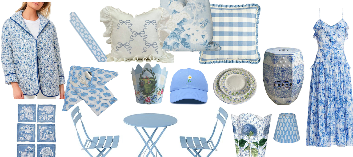 Collage of blue and white finds for the Grandmillennial - banner