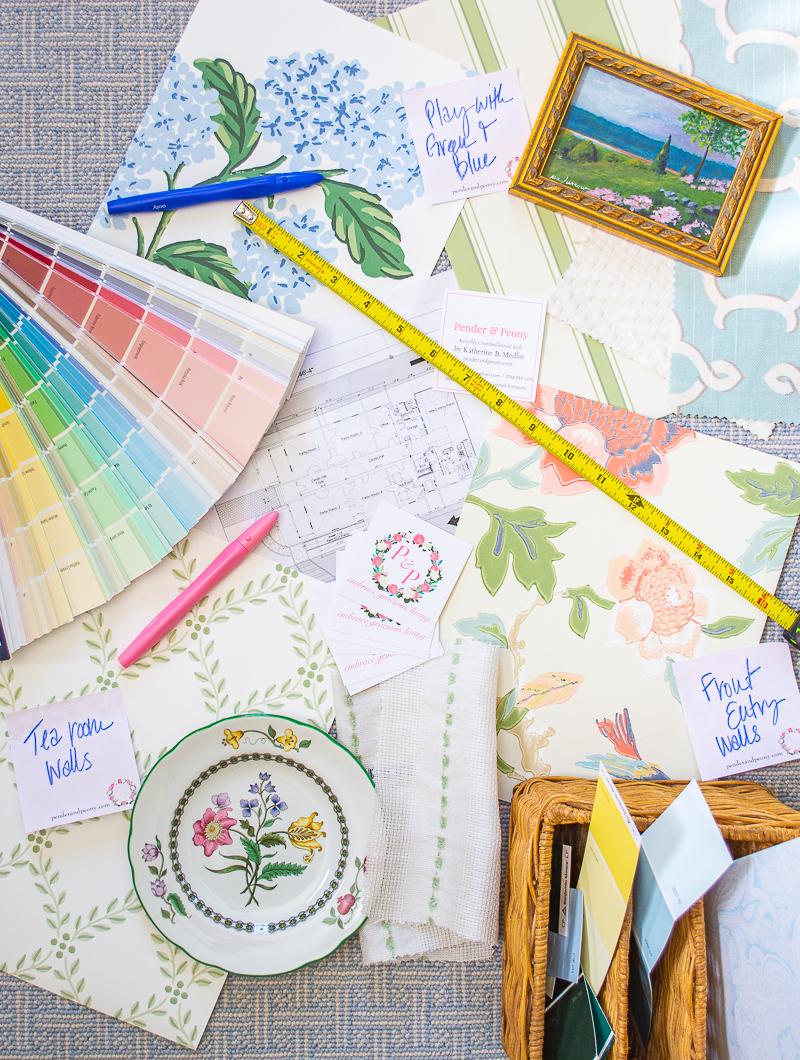collage of design debris: paint chips, fabric samples, wall paper, and decor - work with me