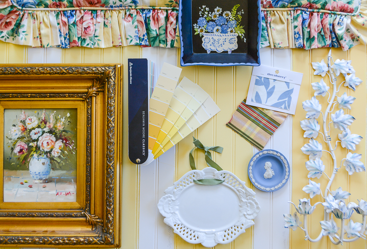 Design board for yellow and blue guest bedroom with chintz, floral still life, toleware sconce, yellow paint chips
