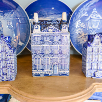 Blue and white Delft version of Rembrandt’s house in Amsterdam, ceramic, available on penderandpeony.com