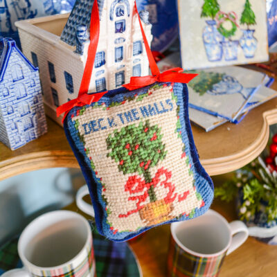 Needlepoint "Deck the Halls" hanger available at Penderandpeony.com