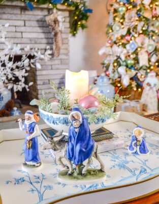 Making spirits bright with this frosted pastel Christmas decor in Katherine's blue and white den.