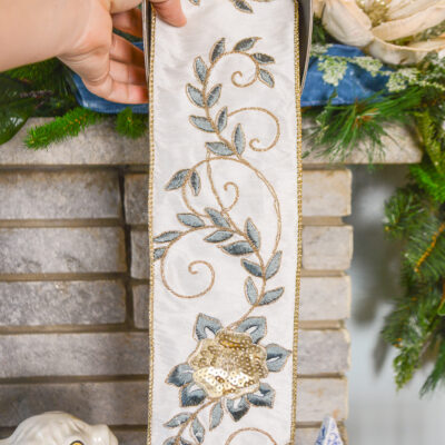 Shop this beautiful floral sequin embroidery ribbon in faux dupioni with gold edging on penderandpeony.com