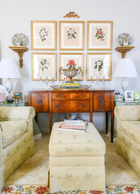 Dogwood house formal living room transformation with floral decor from antique botanical prints to rose patterned upholstry