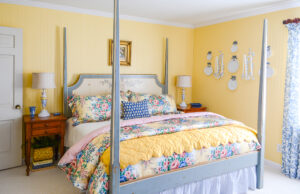 Our yellow and blue guest bedroom reveal that turned a sad boring room in to a happy yellow Grandmillennial retreat!