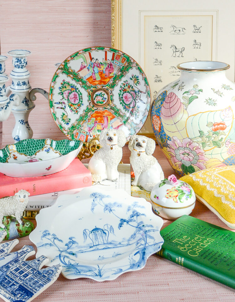 March 18th Curio Collection of vintage and antiques, including Staffordshire poodles, Rose Medallion, Tobacco Leaf, blue and white, needlepoint, and more
