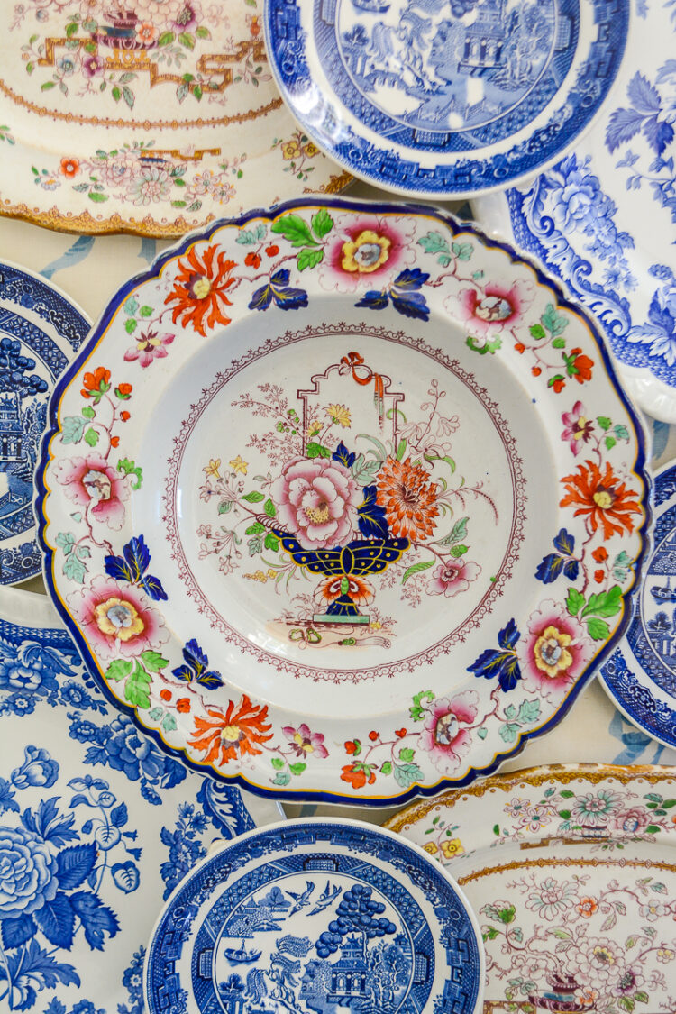 English ironstone blue, pink, and orange floral plate made by F. Morley available on penderandpeony.com