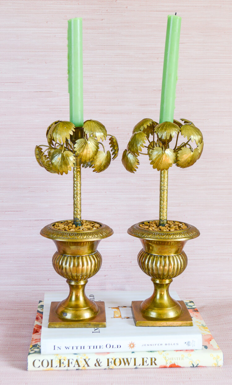 Pair of Vintage Brass Potted Palm Candle Holders