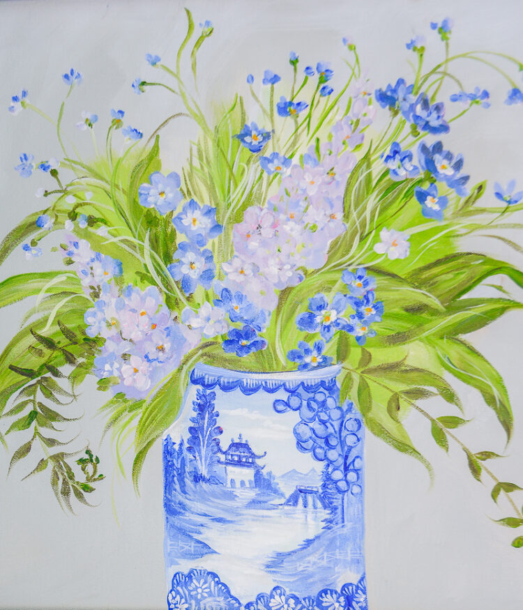 A gorgeous still life painting of gathered florals in a blue willow vase -- shop now on Curio Collected at penderandpeony.com