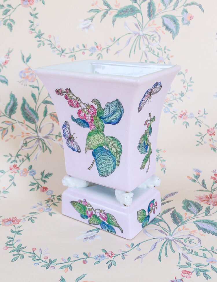Shop this pretty vintage vase in light pink with raspberry and butterfly design made by Andrea by Sadek available on penderandpeony.com