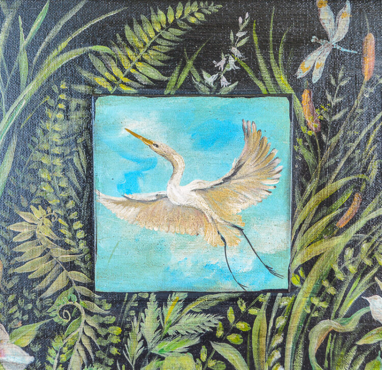 A white egret takes flight amongst marsh botanicals in this original painting by Lydia Reynolds.