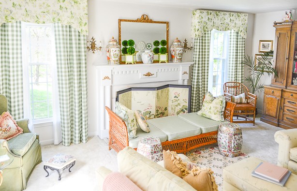 My collected living room in green and white with chintz and grandmillennial style