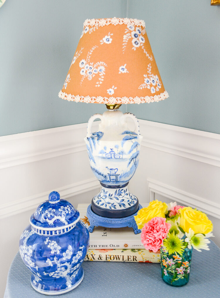 Shop this gorgeous blue and white lamp inspired by Juliska’s Country Estate china pattern hand painted by artist Lydia Reynolds -- on penderandpeony.com