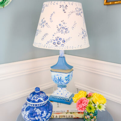 A blue and white refurbished lamp inspired by the Blue Willow china pattern available on penderandpeony.com