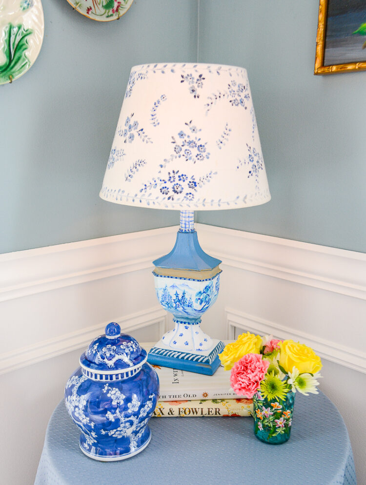 A blue and white refurbished lamp inspired by the Blue Willow china pattern available on penderandpeony.com