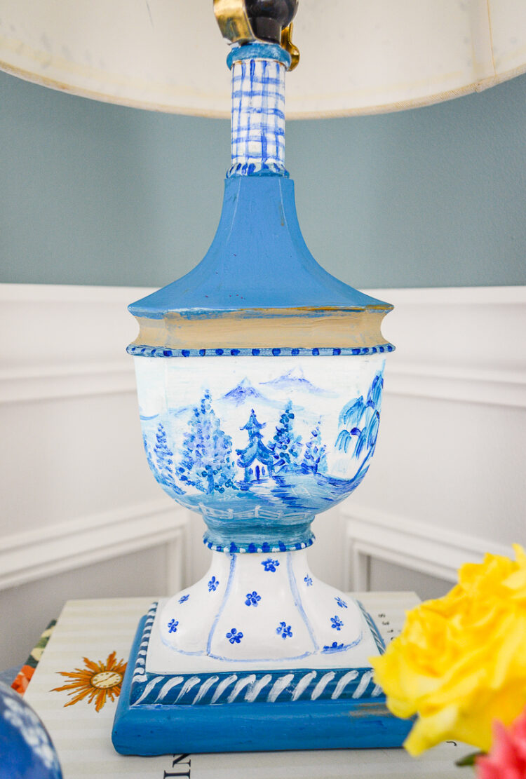 A blue and white refurbished lamp inspired by the Blue Willow china pattern.