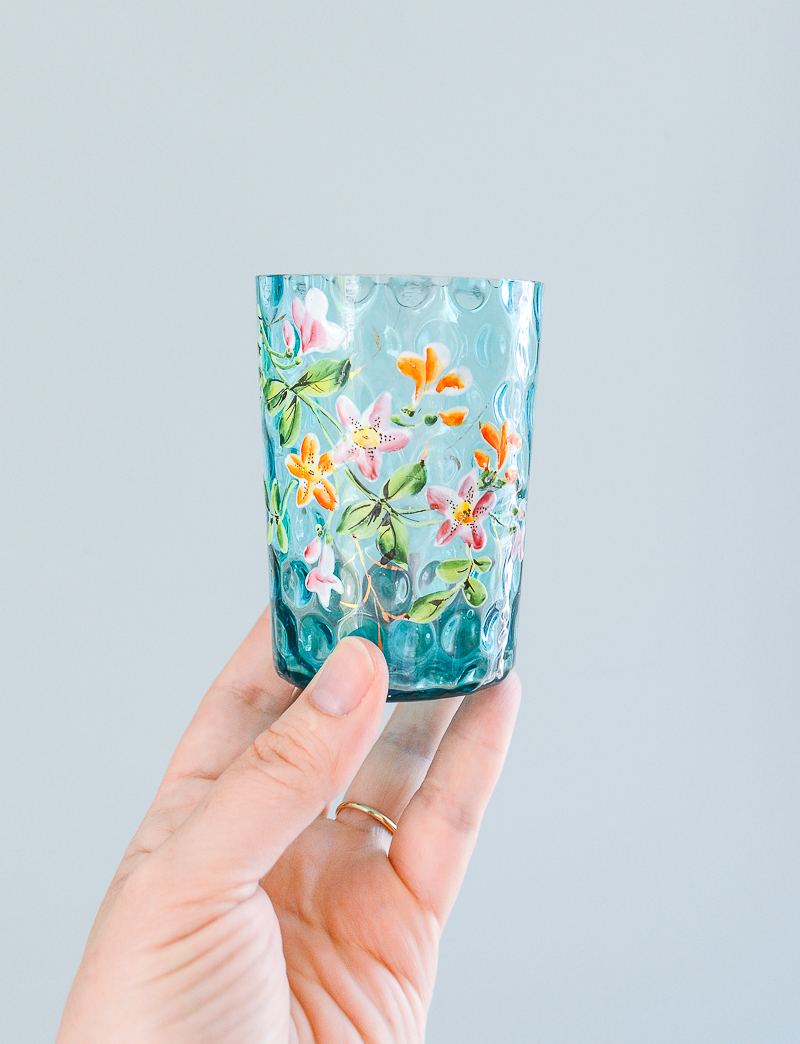 Pair of Blue Enameled Floral Thumb Print Glass Tumblers Pender