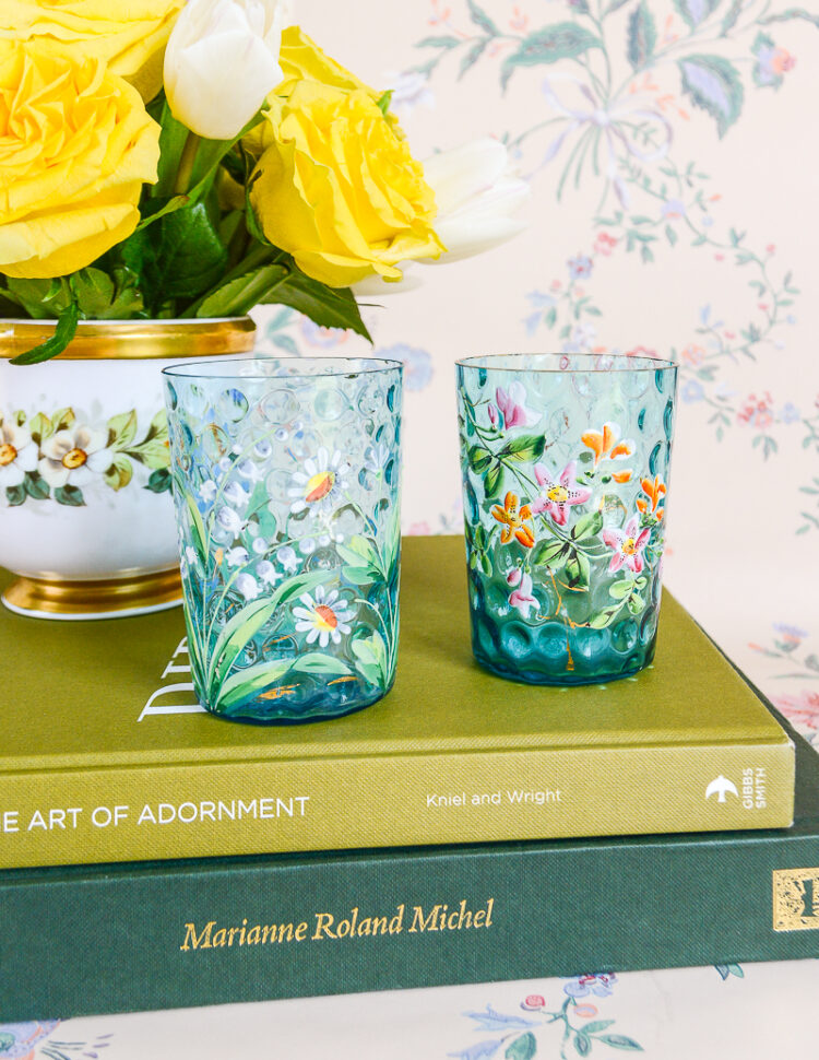 Pair of Blue Enameled Floral Thumb Print Glass Tumblers Pender