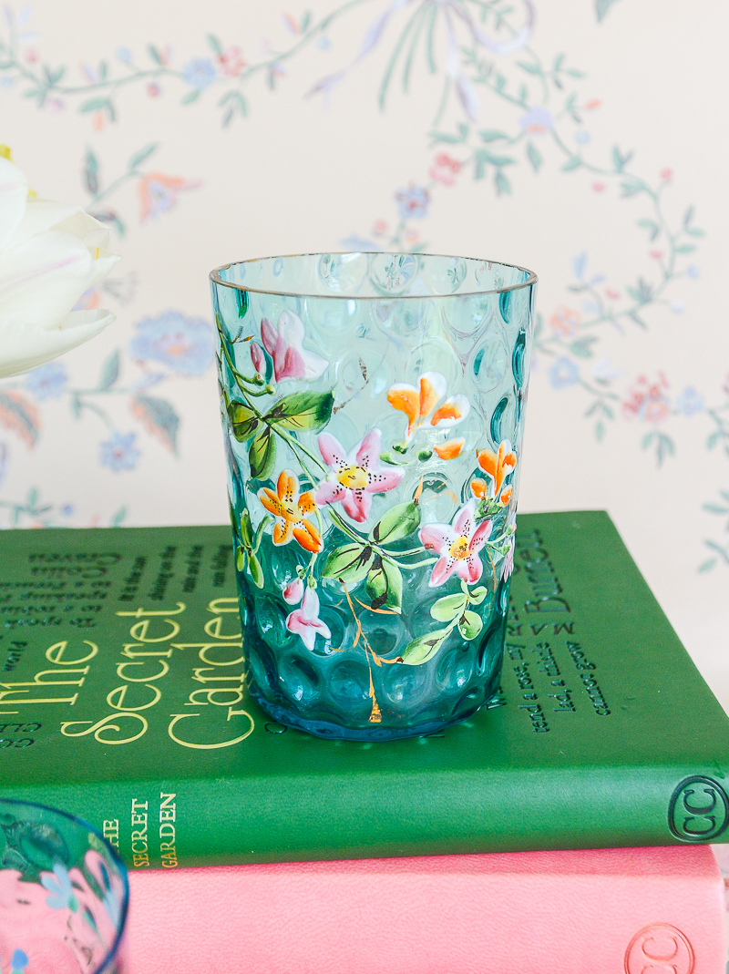 Pair of Blue Enameled Floral Thumb Print Glass Tumblers Pender