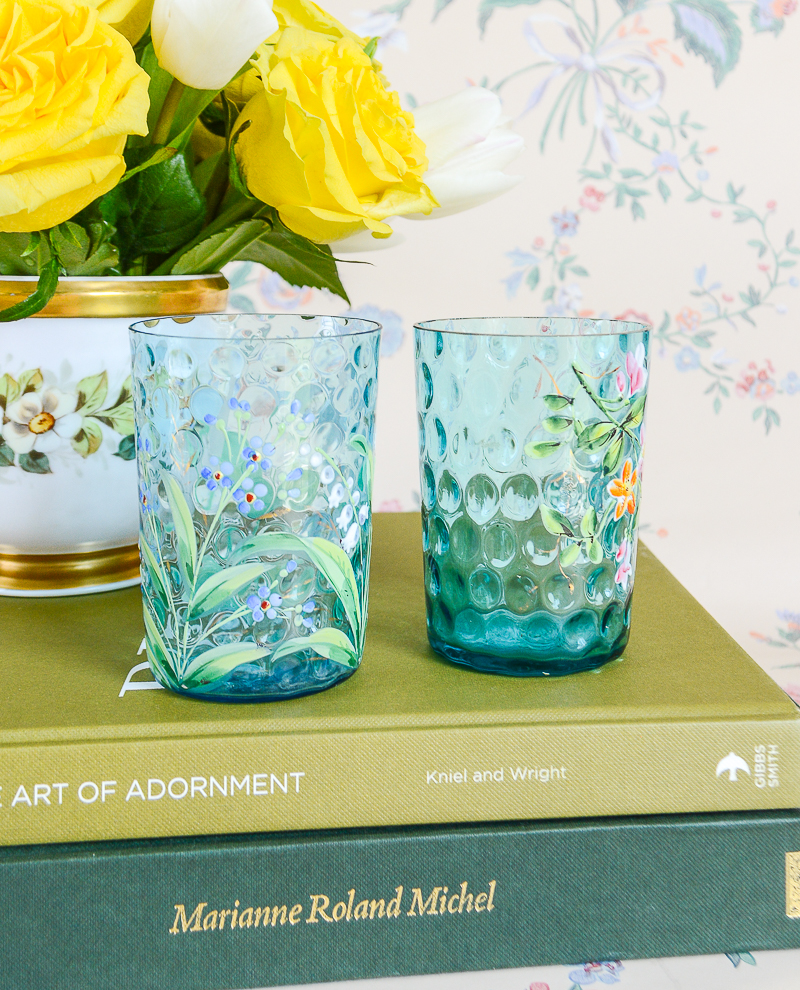 Pair of Blue Enameled Floral Thumb Print Glass Tumblers Pender