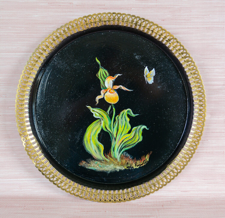 A revamped tray hand painted with lady slipper and butterfly -- shop now on penderandpeony.com