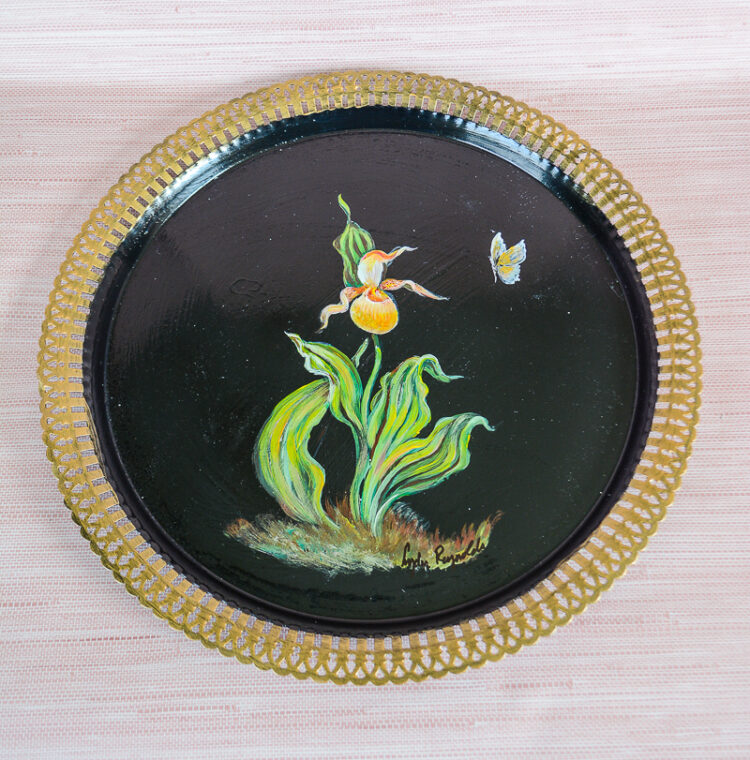 A revamped tray hand painted with lady slipper and butterfly.