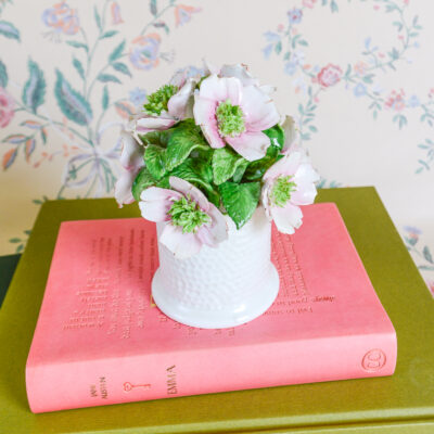 Bone china pink blossom bouquet in white mug.