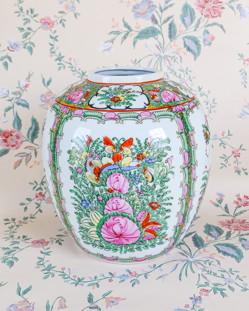 Shop this colorful ovoid shaped porcelain jar with Rose Canton design on penderandpeony.com