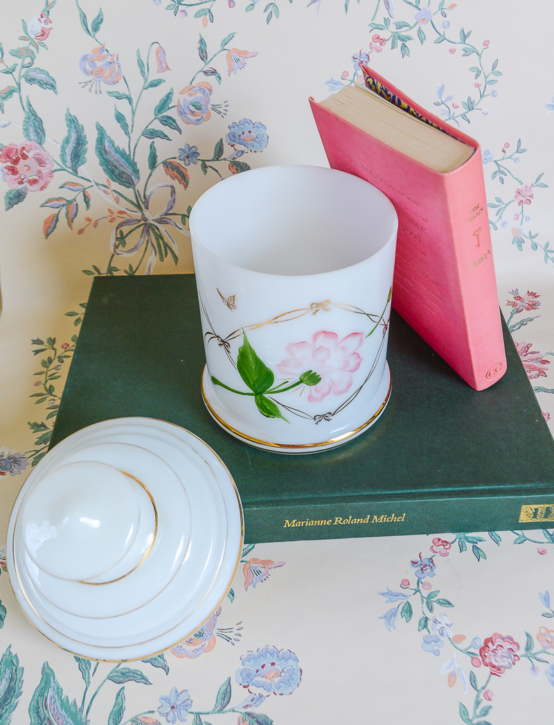 White Satin Glass Apothecary Jar with Pink Lotus - Image 4