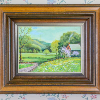 A lovely original painting of spring in the valley with quaint cabin.